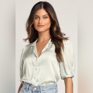 Sweet and Chic Sage Green Satin Button-Up Short Sleeve Top